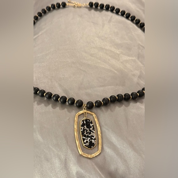Boho Necklace Striking Contrast Of Matte Black Beads, And A Sparkling Medallion - Picture 7 of 7